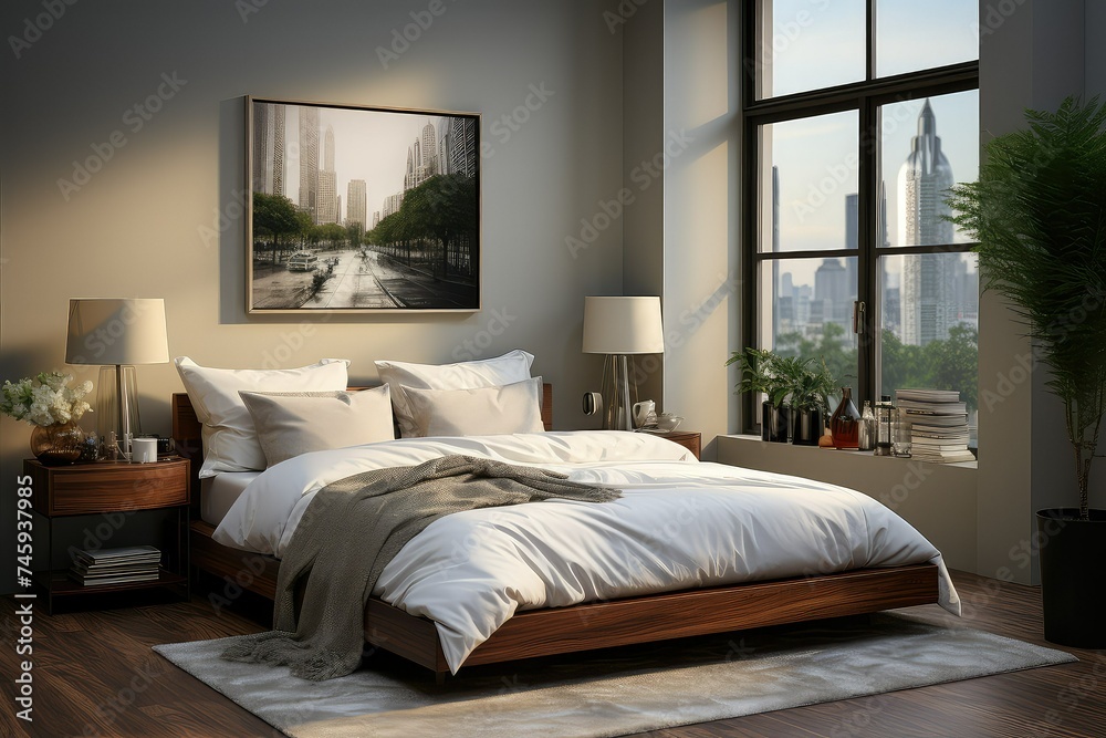 Fototapeta premium Modern bed room with beautiful frame on wall.