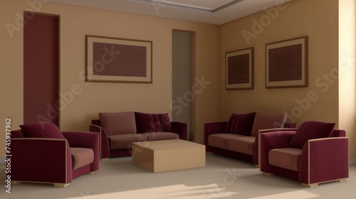 Modern living room interior with maroon sofas  armchairs  beige coffee table and framed wall art in a minimalist design