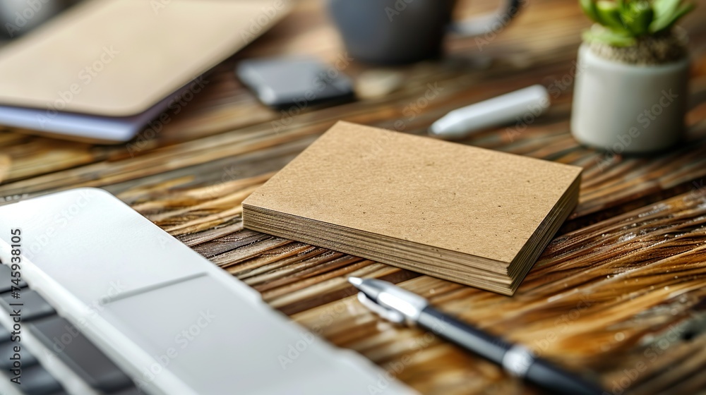 Maqueta de una tarjeta colocada sobre una mesa de trabajo con colores cálidos. Concepto de recurso gráfico. Generado por IA. Maqueta de una tarjeta colocada sobre una mesa de trabajo con colores cálidos. Concepto de recurso gráfico. Generado por IA.