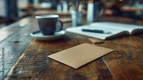 Maqueta de una tarjeta colocada sobre una mesa de trabajo con colores cálidos. Concepto de recurso gráfico. Generado por IA.