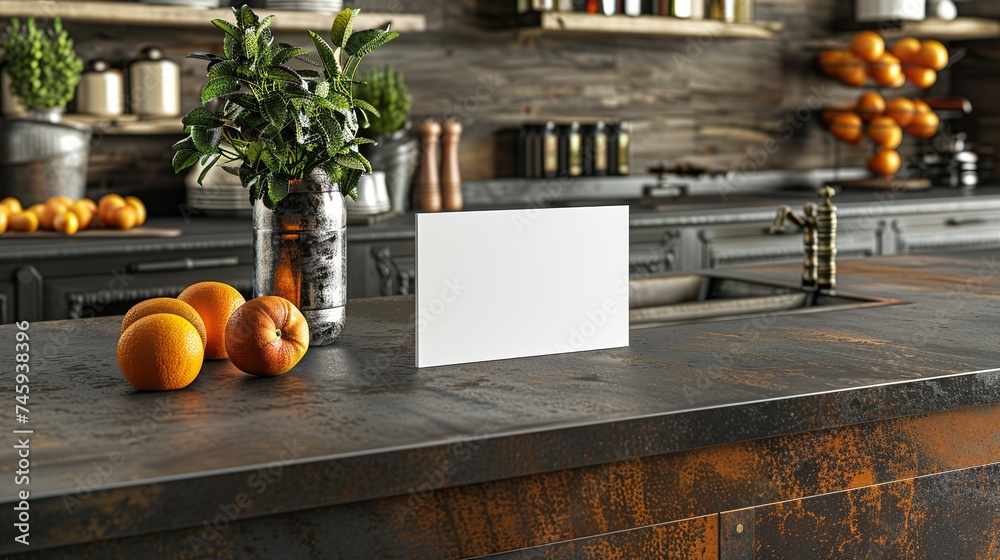 Maqueta de una tarjeta con fondo de una cocina. Concepto de diseño y recurso gráfico. Generado por IA. - obrazy, fototapety, plakaty 