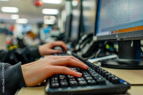 Close-up of a person's hands typing on a computer keyboard in an office setting. photo