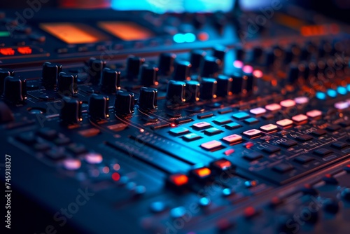 Detailed view of a sound mixing console with faders and buttons in a studio environment. photo
