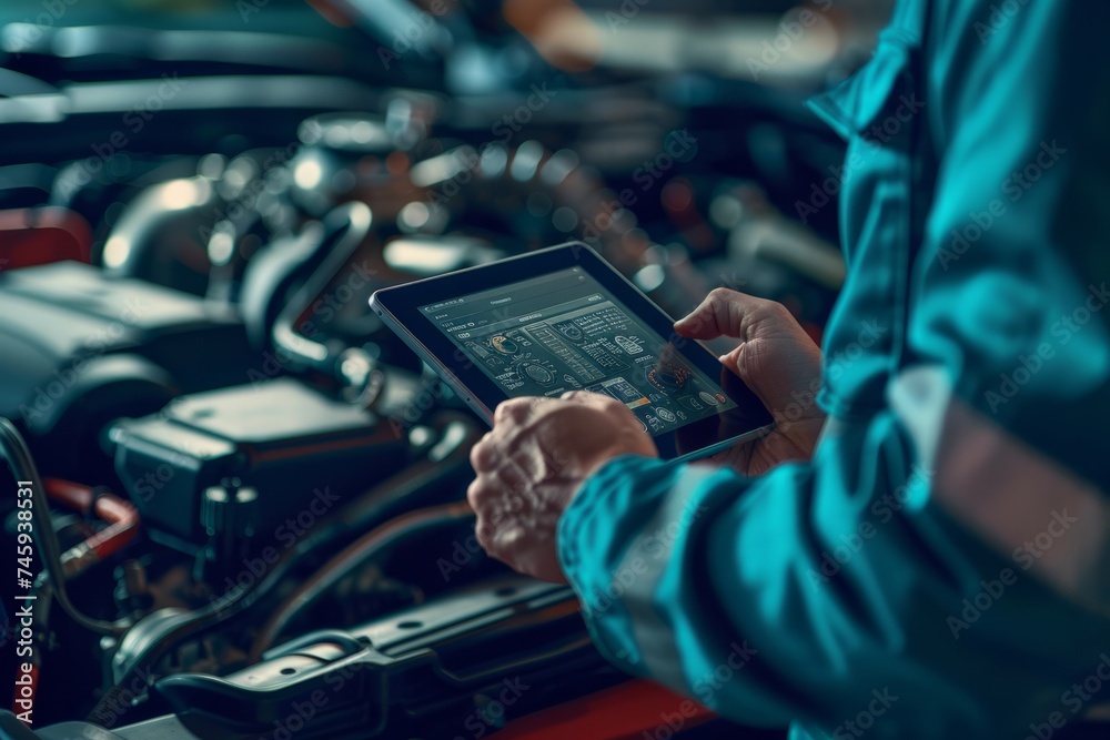 Fototapeta premium Mechanic holding a digital tablet with car diagnostic software in front of a vehicle engine.