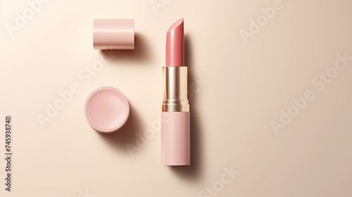 A pink lipstick with its cap off, placed next to an open container of lip balm on a beige background