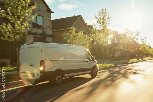 A white delivery van driving on a sunny road in a suburban area.