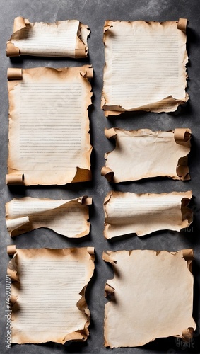 old rugged torn burnt letter page paper or scroll sheet set collection empty blank mockup