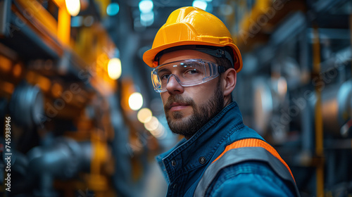 Engineer wearing a safety helmet and goggles conducts an inspection of operational machinery in a factory.