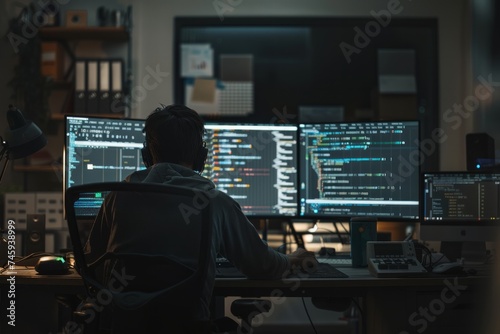A person working at a computer workstation with multiple monitors displaying code in a dark office.