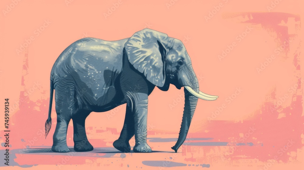 Digital artwork of an elephant against a pink abstract background, displaying the animal's majestic tusks and large ears.