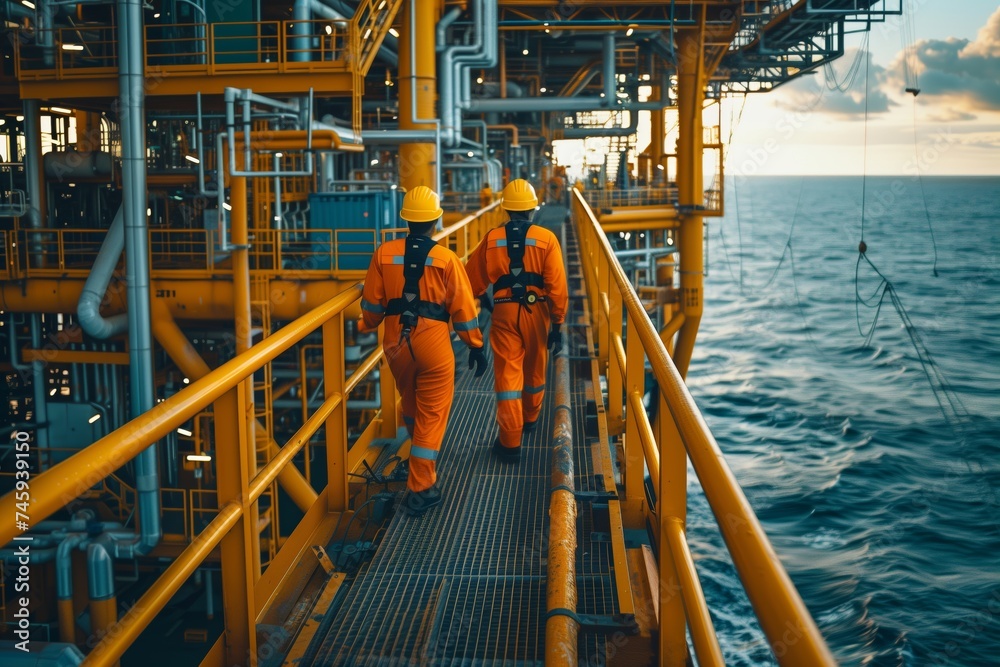 Offshore oil workers in safety suits walk on the rig's gantry as the sun sets over the ocean.