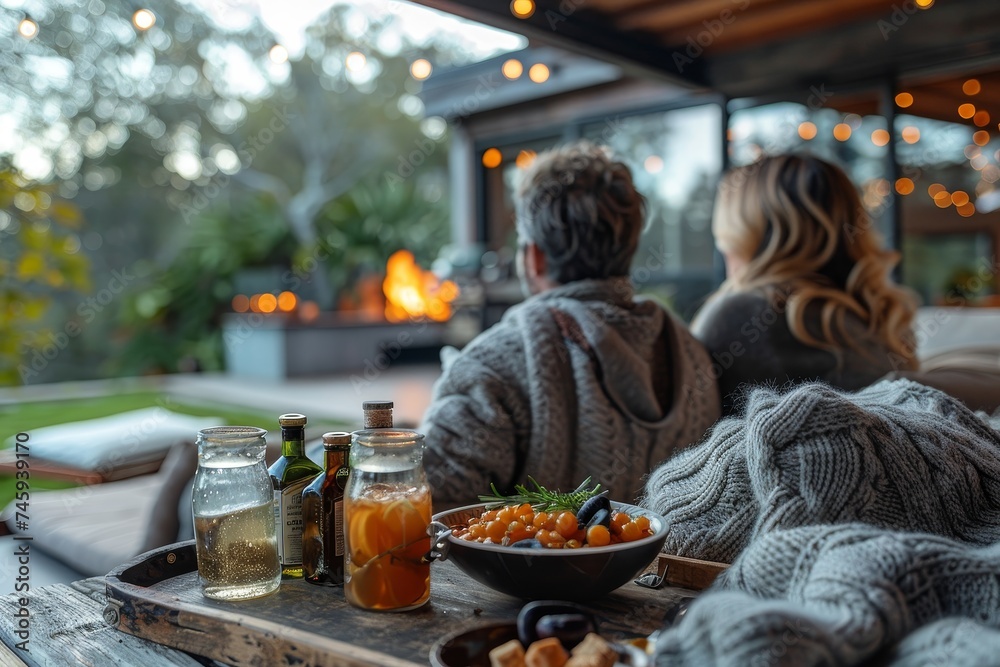 A warm snapshot of a couple relaxing in a cozy outdoor living space with comfort food and drinks A warm snapshot of a couple relaxing in a cozy outdoor living space with comfort food and drinks