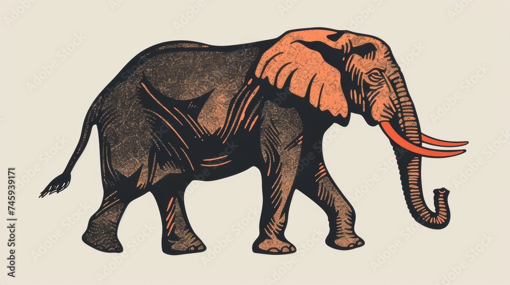 Vintage style illustration of an elephant with detailed textures and patterns on a light background