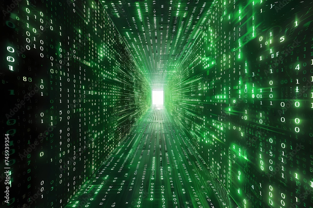 Green digital code tunnel. Cybersecurity and virtual reality. Global connection concept. Big data, network visualization, blockchain, web. Future digital technology. Ai and neural networks Green digital code tunnel. Cybersecurity and virtual reality. Global connection concept. Big data, network visualization, blockchain, web. Future digital technology. Ai and neural networks