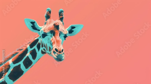 Image of a giraffe with a turquoise and brown color pattern on a coral background
