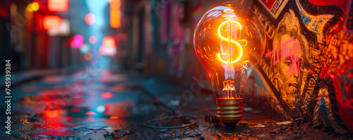 Illuminated light bulb with glowing dollar sign filament concept symbolizing bright financial ideas, innovation in business, and investment strategy against a blurred graffiti background photo