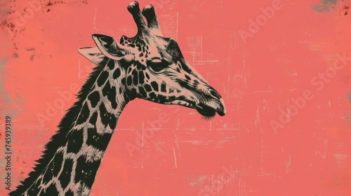 Artistic illustration of a giraffe head and neck on a textured red background photo