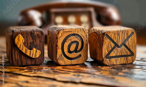 Contact communication icons engraved on wooden blocks featuring an email symbol, telephone receiver, and at sign on a rustic wooden table, representing customer service and digital connectivity