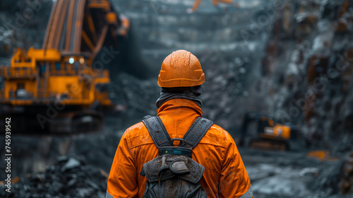 Miner stands with his back turned, wearing an orange safety uniform, in a mine with heavy equipment in the background.