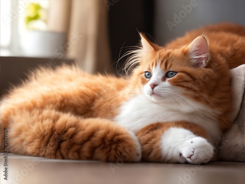 Fluffy cat sitting on the jute wicker rug. Cute furry cat relaxing indoors