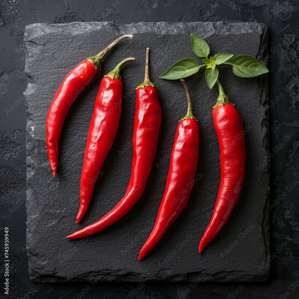 A group of organic red chili peppers with fresh leaves on a dark stone surface