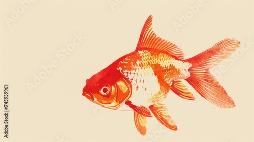 Illustration of a vibrant orange goldfish on a beige background, showcasing detailed fins and scales