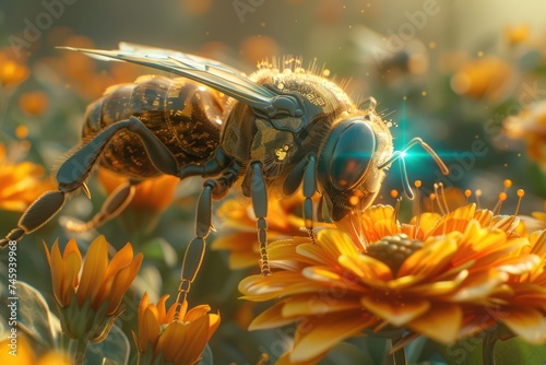 Holographic bees pollinate digital flowers an AI managed farm where technology and nature coexist photo