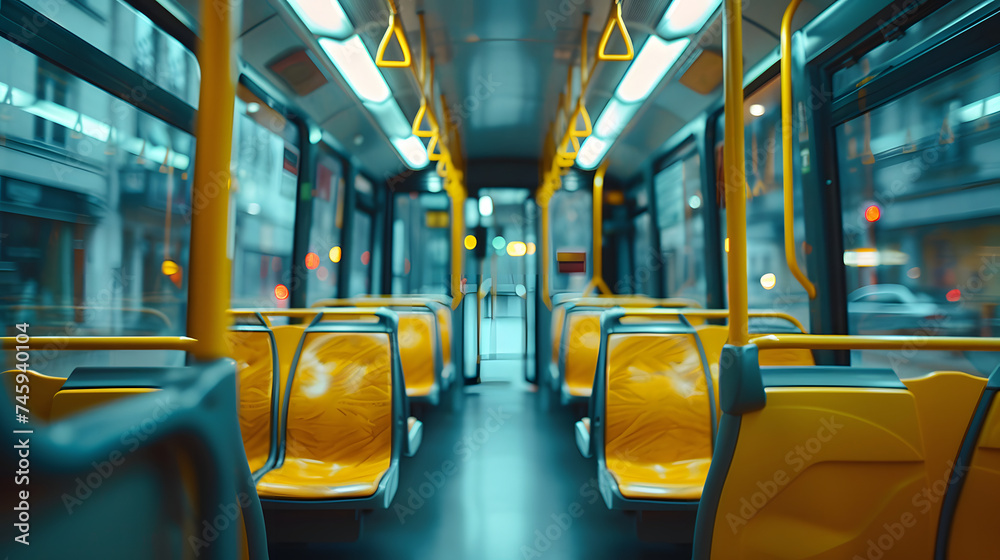 Empty yellow seats in a modern public bus interior. Public transportation and city life concept
