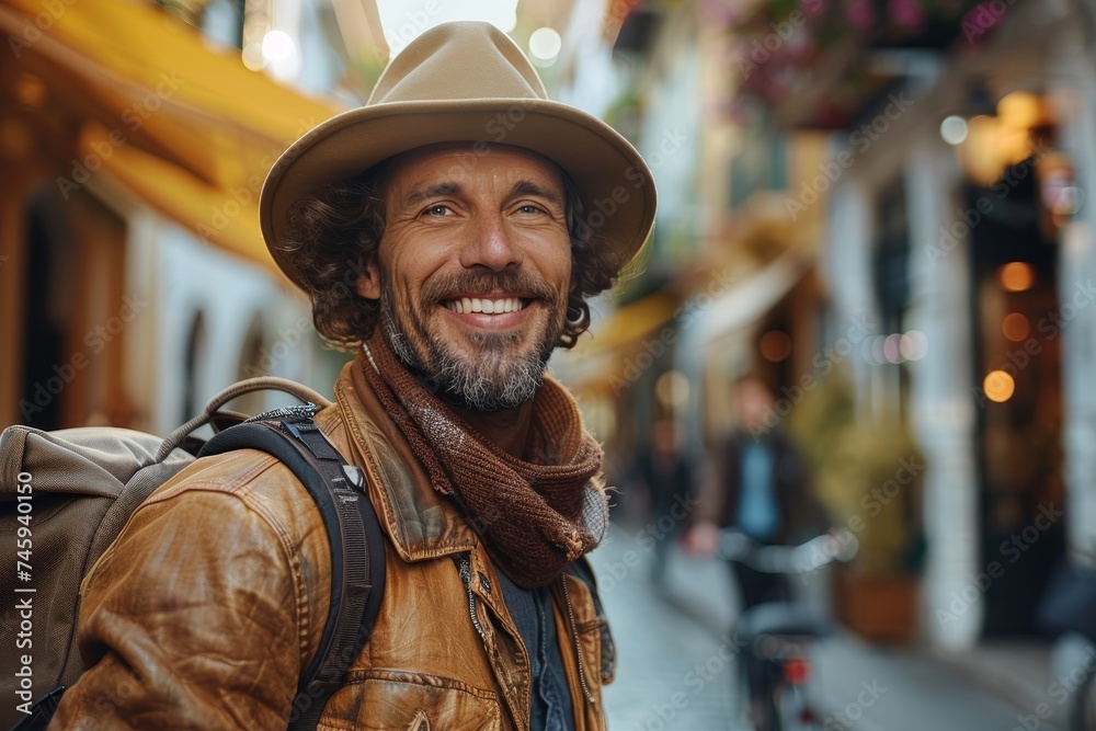 A stylish, travel-savvy man explores a quaint European street, evoking wanderlust and curiosity