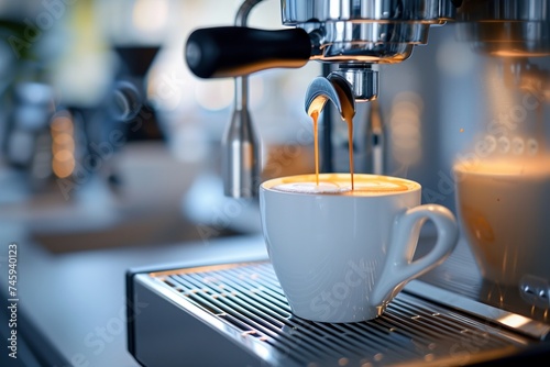 Close-up of an espresso machine brewing a hot cup of coffee, with a focus on the pouring espresso shot.