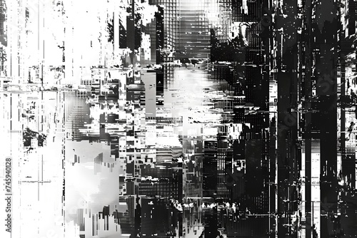 Black and white digital glitch abstract pattern. Global connection concept. Big data, network visualization, blockchain, web. Future digital technology. Ai and neural networks