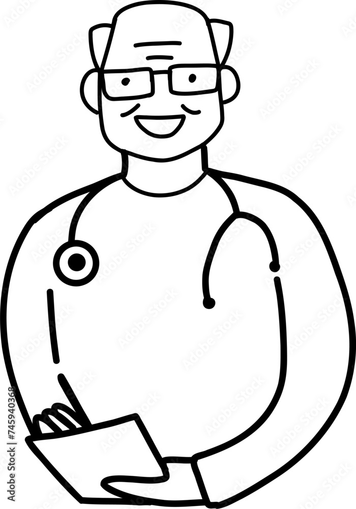 Character smiling man doctor different age and ethnicity.  Aged, diverse. Vector outline illustration, linear, thin line, hand drawn sketch, doodle 