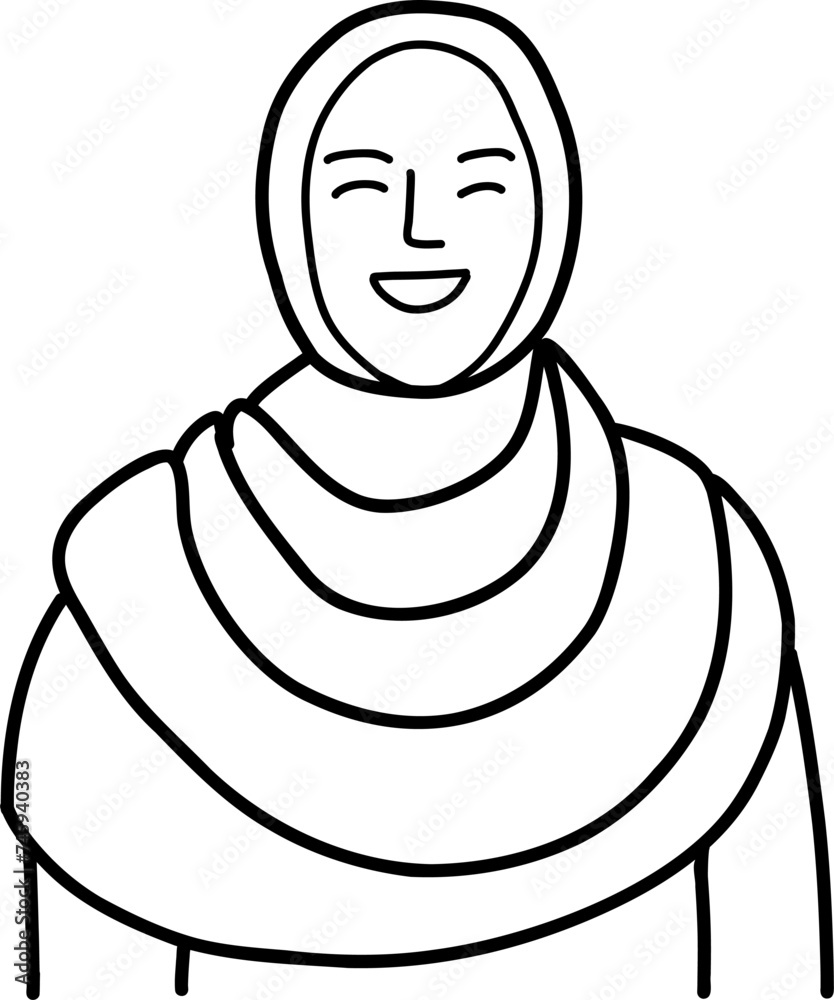 Character smiling woman. Muslim,young and aged. Vector outline illustration, linear, thin line, hand drawn sketch, doodle 