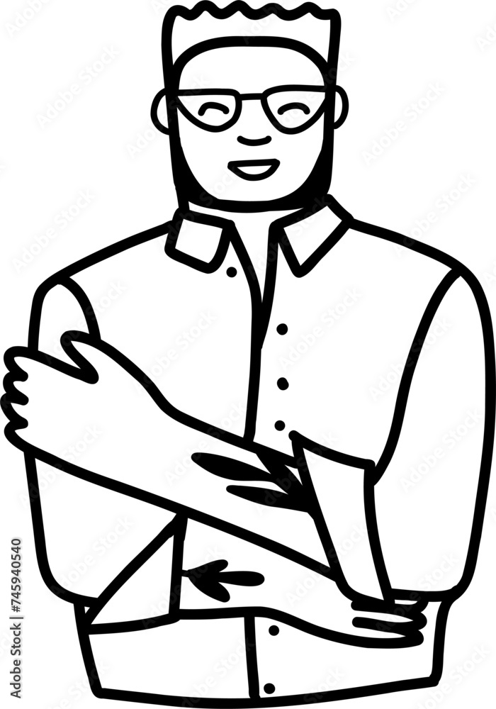 Character smiling man different age and ethnicity. Young , diverse. Vector outline illustration, linear, thin line, hand drawn sketch, doodle 