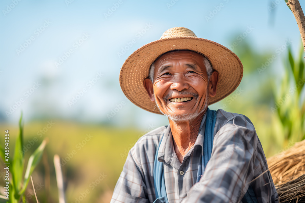 Portrait of old asian farmer man in agricultural field