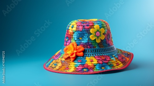 Colorful woven hat decorated with bright orange and yellow flowers on a blue background