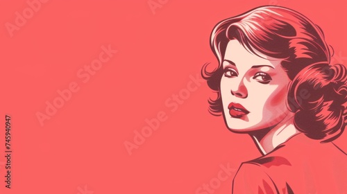 Illustration of a vintage woman with wavy hair and a thoughtful expression  set against a red background