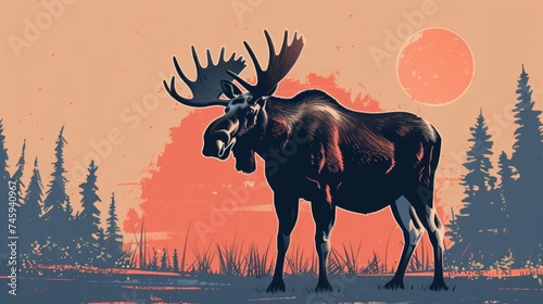 Illustration of a moose in a forest at sunset with an orange sun and silhouetted pine trees in the background © Sohaib q