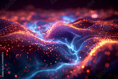 Streams of data particles converging into a digital river, depicting the constant flow of information on the internet. Concept of digital flow. 