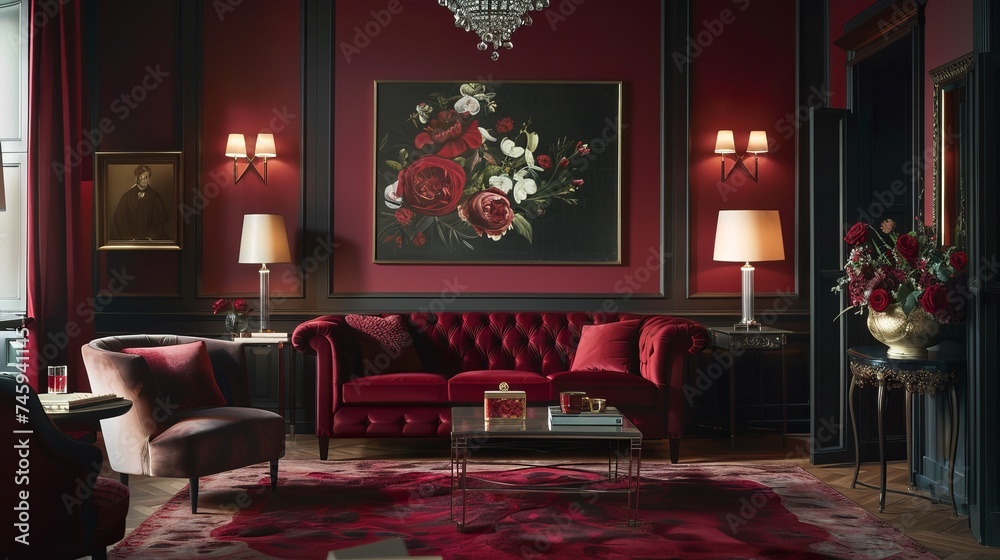 Sophistication of an interior accentuated with deep red colors, where luxurious fabrics and refined accents add a touch of elegance and opulence to the space, creating a sumptuous - obrazy, fototapety, plakaty 