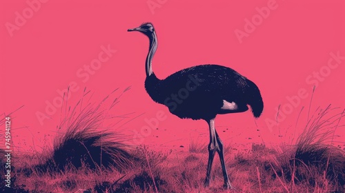 An ostrich standing in a grassy field against a vibrant pink background