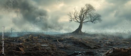 Devastated scorched earth in the valley, burnt trees, burnt vegetation and grass. Dead landscape with the remains of large tree, intense atmosphere, burned charred fire © Mars0hod