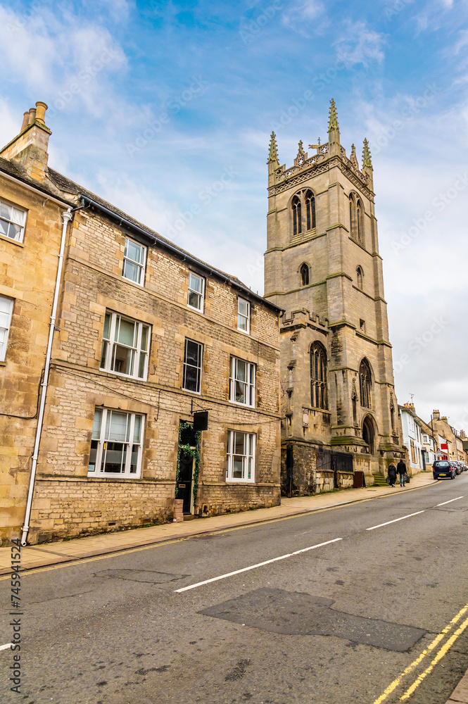 A view up the High Street towards Saint Martins Church in the town of Stamford, Lincolnshire, UK in winter