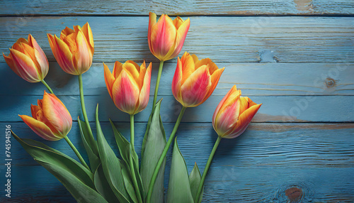 Vibrant orange tulips arranged on a rustic light blue wooden background.