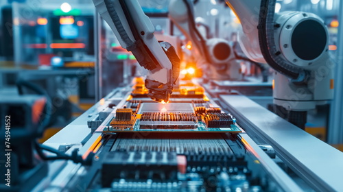 Electronic Devices Production Industry. Component Installation on Circuit Board. High Precision Robot Arms on Fully Automated Assembly Line Inside Modern Electronics Factory © Mars0hod