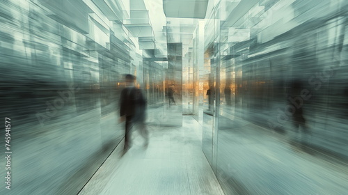 Aerial view, person walking, distorted liminal space upside down, Inception loop, labyrinth installed with mirrors, blurry motion, slow shutter speed