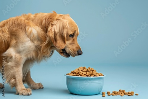 Golden retriever pet dog eating food from dish isolated on blue background. ai generated