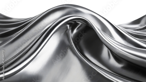 Abstract fluid metal bent form. Metallic shiny curved wave in motion. Cut out design element steel texture effect.