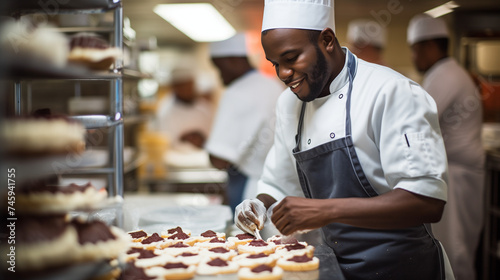 pattisserie chef / baker in a busy kitchen producing pastries / cakes