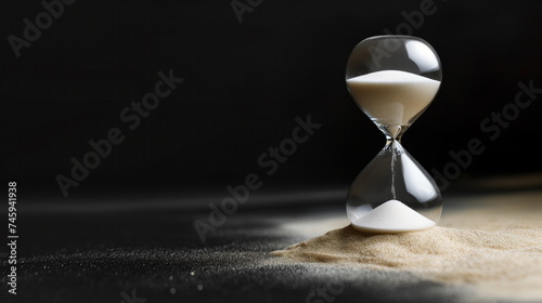Sleek hourglass with white sand on a dark background, grains trickling down marking time, casting subtle shadows on the surface